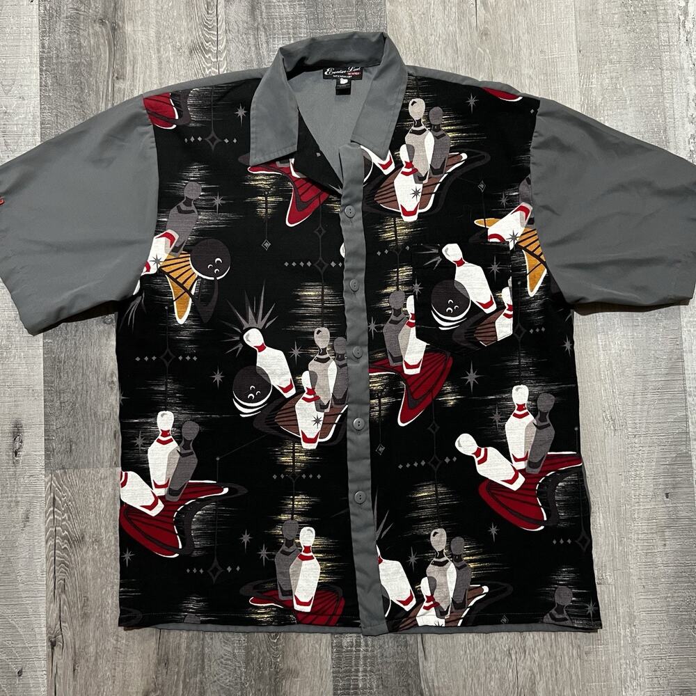 VTG Executive Level By Mitex Men’s L Grey/Black Bowling Rockabilly Button Shirt